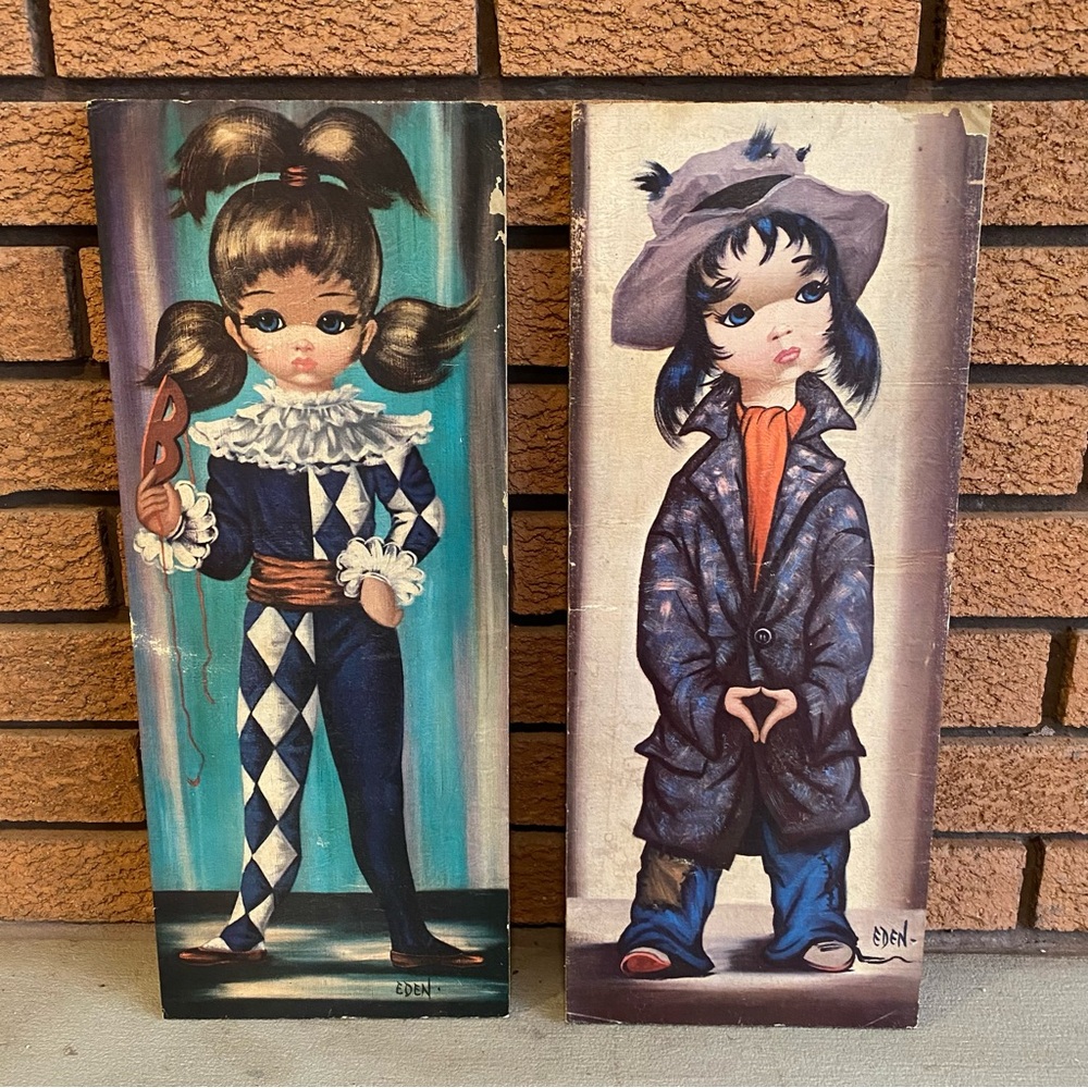 Vintage 60s Harlequin and Street Boy “Big Eyes” Art Panels by Eden